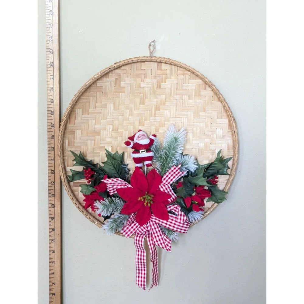 Vintage Flocked Chenille Santa Christmas Wreath Tray Poinsettia Wall Door Decor